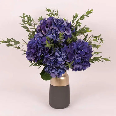 Twilight Hydrangea Premium Arrangement, Ceramic Glass Vase, Dark Blue Hydrangeas, Parvifolia Leaves